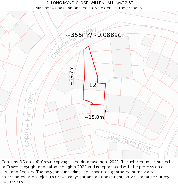 12, LONG MYND CLOSE, WILLENHALL, WV12 5FL: Plot and title map