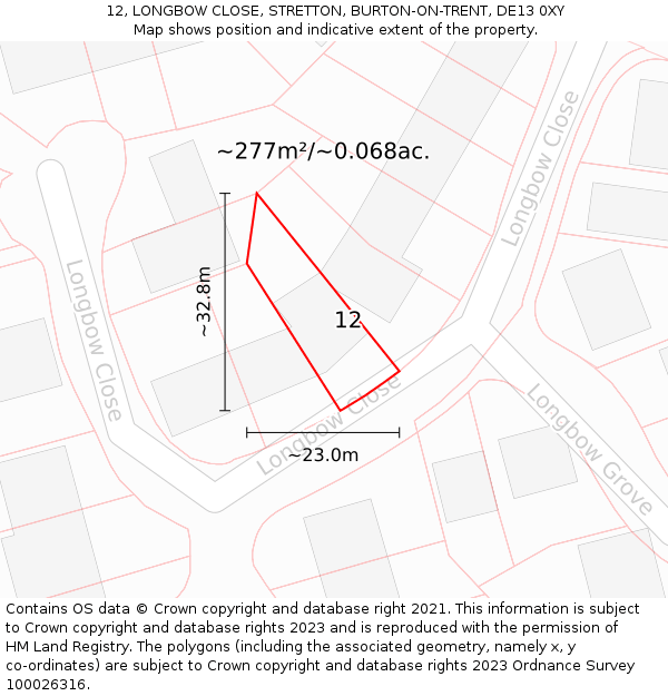 12, LONGBOW CLOSE, STRETTON, BURTON-ON-TRENT, DE13 0XY: Plot and title map
