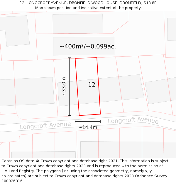 12, LONGCROFT AVENUE, DRONFIELD WOODHOUSE, DRONFIELD, S18 8PJ: Plot and title map