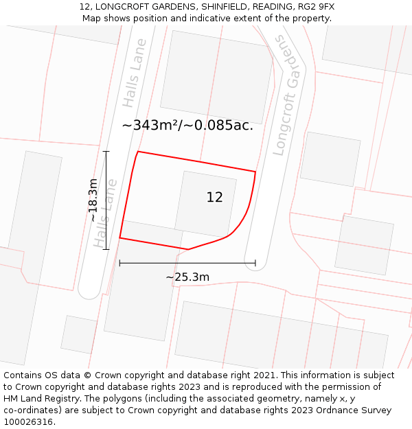 12, LONGCROFT GARDENS, SHINFIELD, READING, RG2 9FX: Plot and title map