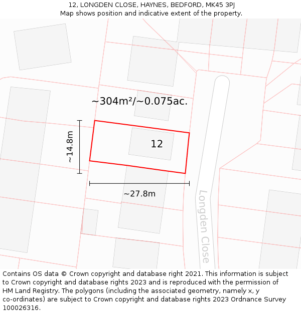 12, LONGDEN CLOSE, HAYNES, BEDFORD, MK45 3PJ: Plot and title map