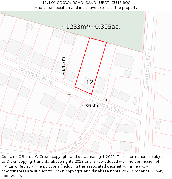 12, LONGDOWN ROAD, SANDHURST, GU47 8QG: Plot and title map