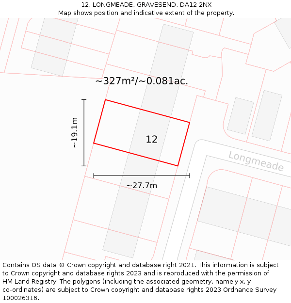 12, LONGMEADE, GRAVESEND, DA12 2NX: Plot and title map