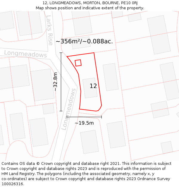 12, LONGMEADOWS, MORTON, BOURNE, PE10 0RJ: Plot and title map