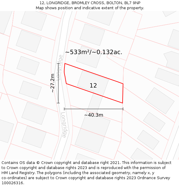 12, LONGRIDGE, BROMLEY CROSS, BOLTON, BL7 9NP: Plot and title map