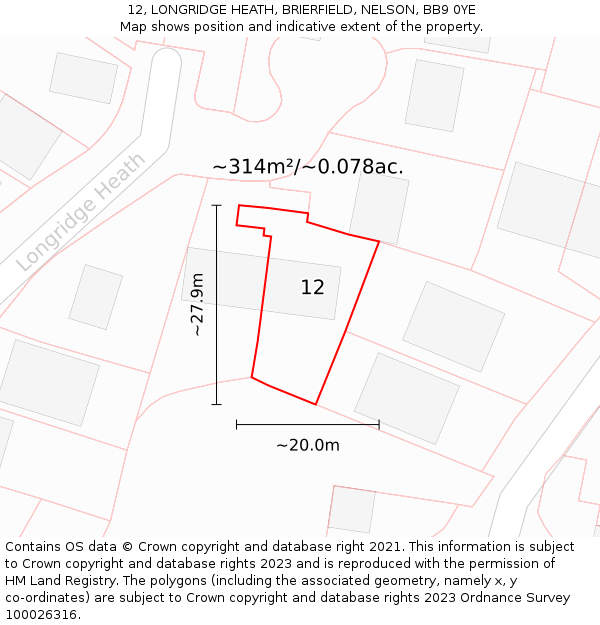 12, LONGRIDGE HEATH, BRIERFIELD, NELSON, BB9 0YE: Plot and title map