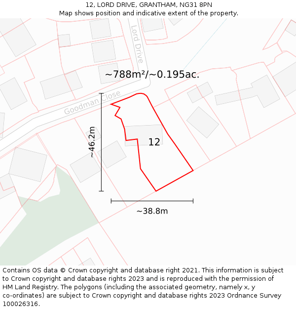 12, LORD DRIVE, GRANTHAM, NG31 8PN: Plot and title map