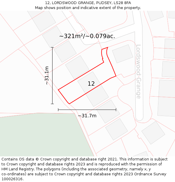12, LORDSWOOD GRANGE, PUDSEY, LS28 8FA: Plot and title map