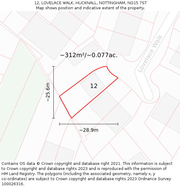 12, LOVELACE WALK, HUCKNALL, NOTTINGHAM, NG15 7ST: Plot and title map