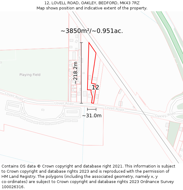 12, LOVELL ROAD, OAKLEY, BEDFORD, MK43 7RZ: Plot and title map