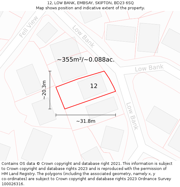 12, LOW BANK, EMBSAY, SKIPTON, BD23 6SQ: Plot and title map