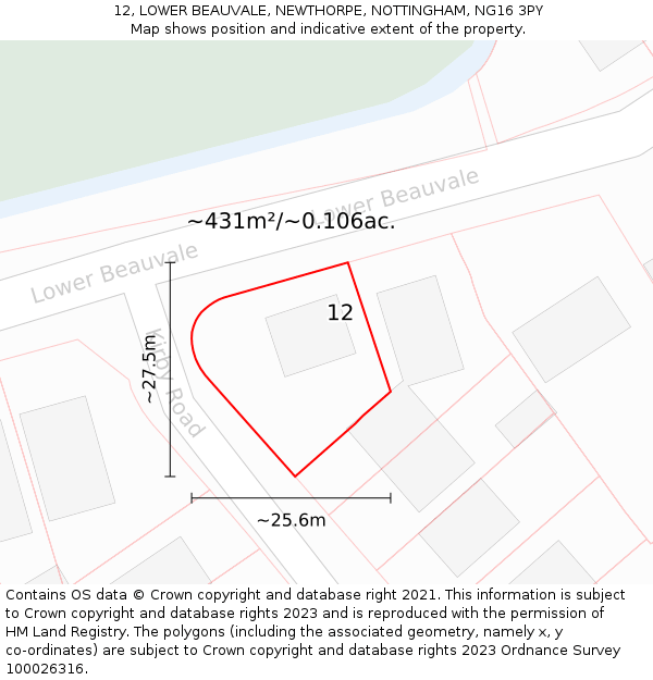 12, LOWER BEAUVALE, NEWTHORPE, NOTTINGHAM, NG16 3PY: Plot and title map