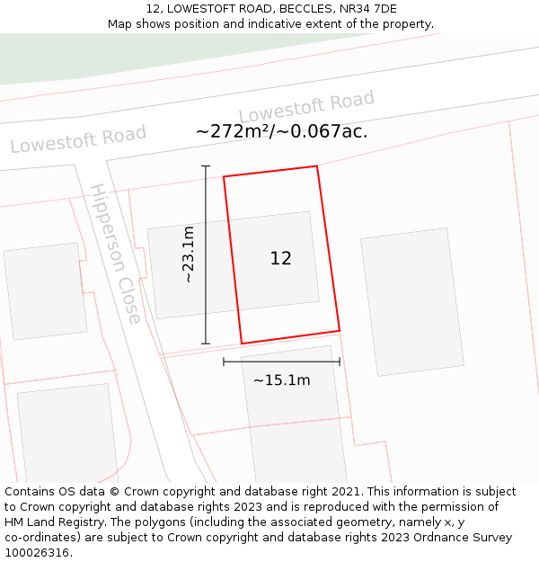 12, LOWESTOFT ROAD, BECCLES, NR34 7DE: Plot and title map