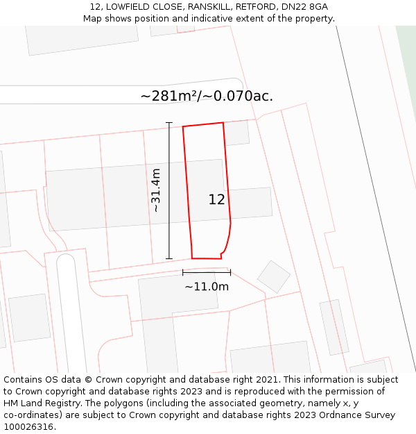 12, LOWFIELD CLOSE, RANSKILL, RETFORD, DN22 8GA: Plot and title map