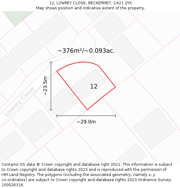 12, LOWREY CLOSE, BECKERMET, CA21 2YX: Plot and title map