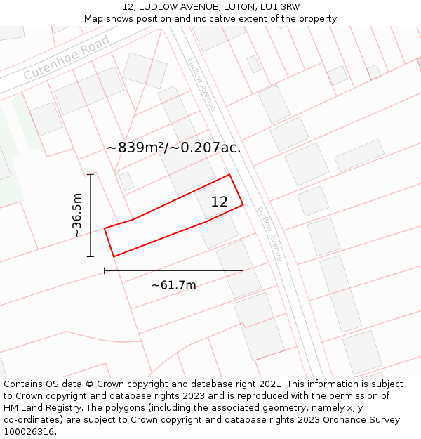 12, LUDLOW AVENUE, LUTON, LU1 3RW: Plot and title map