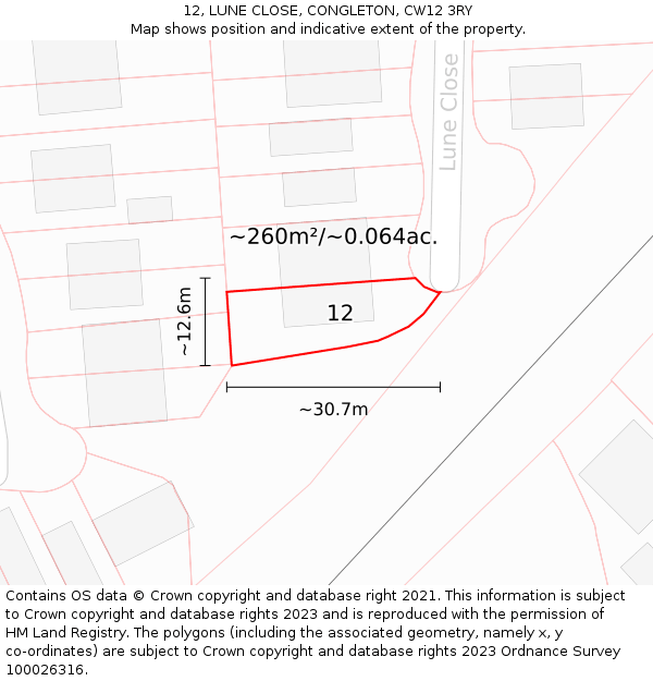 12, LUNE CLOSE, CONGLETON, CW12 3RY: Plot and title map