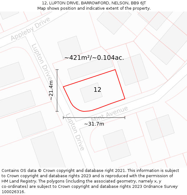 12, LUPTON DRIVE, BARROWFORD, NELSON, BB9 6JT: Plot and title map