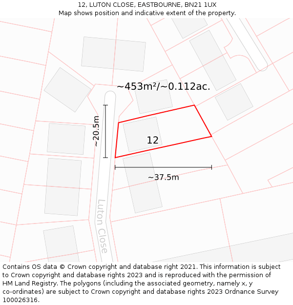 12, LUTON CLOSE, EASTBOURNE, BN21 1UX: Plot and title map
