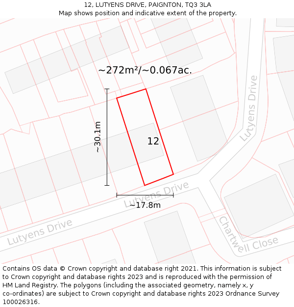 12, LUTYENS DRIVE, PAIGNTON, TQ3 3LA: Plot and title map