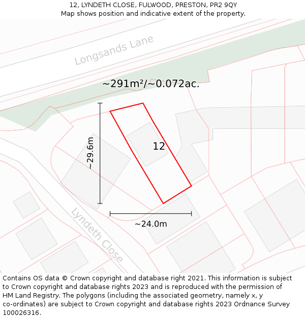 12, LYNDETH CLOSE, FULWOOD, PRESTON, PR2 9QY: Plot and title map
