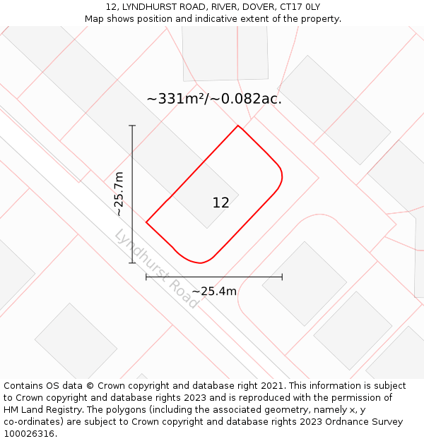 12, LYNDHURST ROAD, RIVER, DOVER, CT17 0LY: Plot and title map
