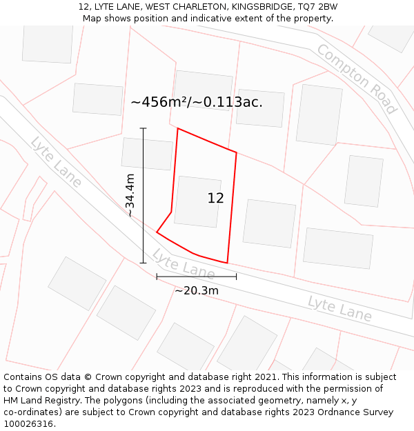 12, LYTE LANE, WEST CHARLETON, KINGSBRIDGE, TQ7 2BW: Plot and title map