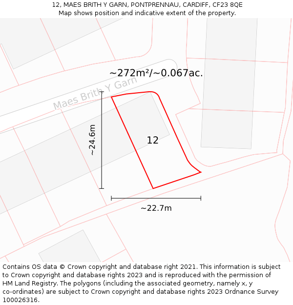 12, MAES BRITH Y GARN, PONTPRENNAU, CARDIFF, CF23 8QE: Plot and title map
