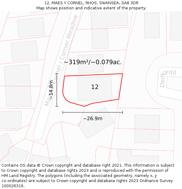 12, MAES Y CORNEL, RHOS, SWANSEA, SA8 3DR: Plot and title map