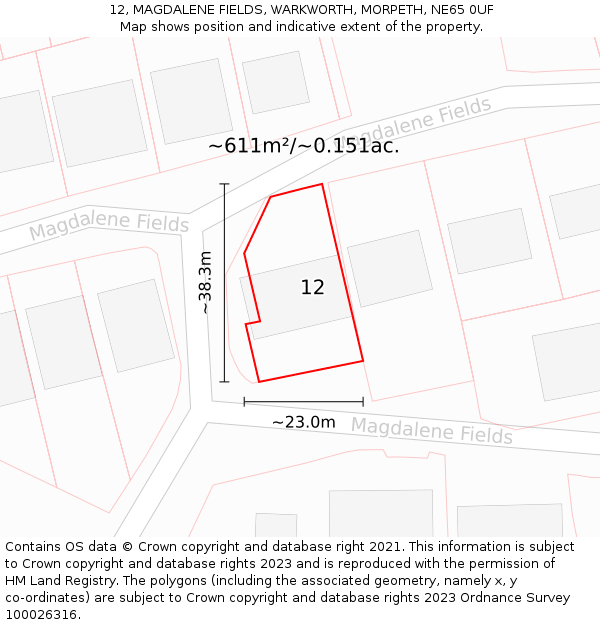 12, MAGDALENE FIELDS, WARKWORTH, MORPETH, NE65 0UF: Plot and title map