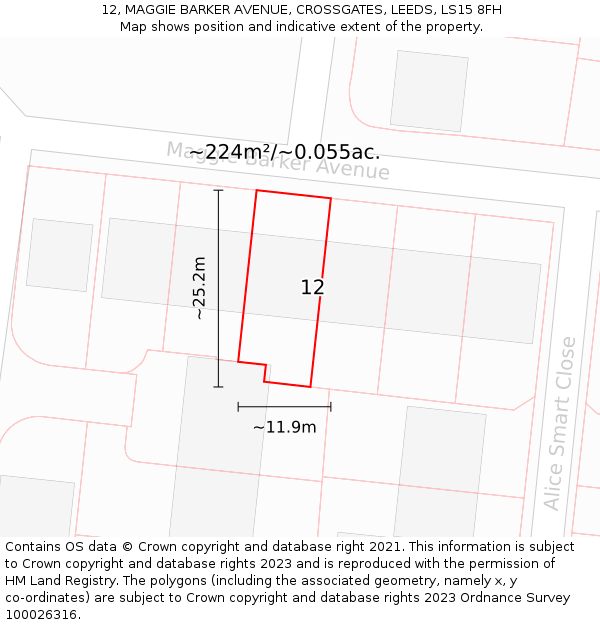 12, MAGGIE BARKER AVENUE, CROSSGATES, LEEDS, LS15 8FH: Plot and title map