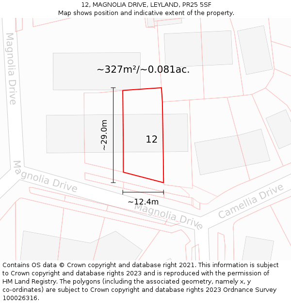 12, MAGNOLIA DRIVE, LEYLAND, PR25 5SF: Plot and title map