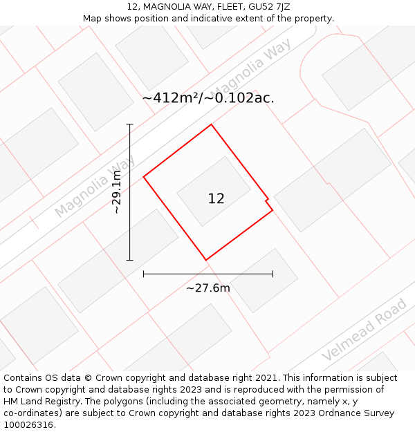 12, MAGNOLIA WAY, FLEET, GU52 7JZ: Plot and title map