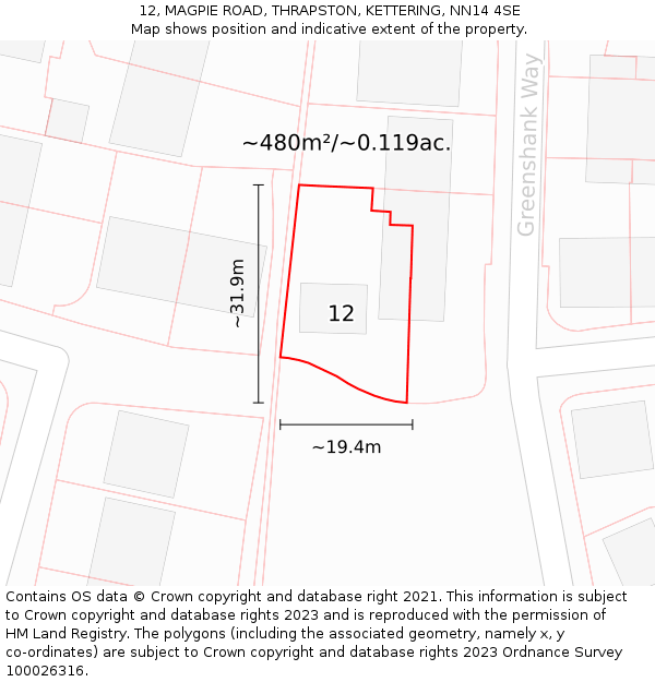 12, MAGPIE ROAD, THRAPSTON, KETTERING, NN14 4SE: Plot and title map