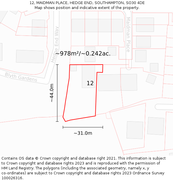 12, MAIDMAN PLACE, HEDGE END, SOUTHAMPTON, SO30 4DE: Plot and title map