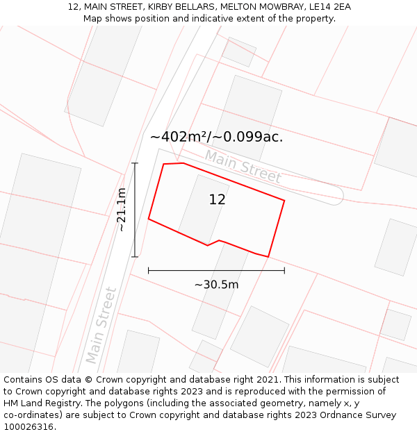 12, MAIN STREET, KIRBY BELLARS, MELTON MOWBRAY, LE14 2EA: Plot and title map