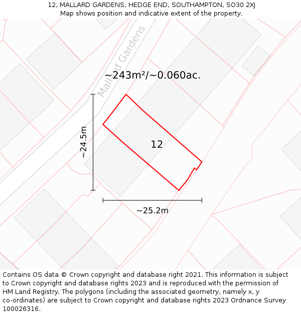 12, MALLARD GARDENS, HEDGE END, SOUTHAMPTON, SO30 2XJ: Plot and title map