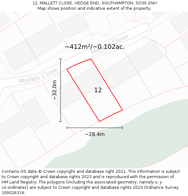 12, MALLETT CLOSE, HEDGE END, SOUTHAMPTON, SO30 2NH: Plot and title map