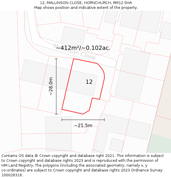 12, MALLINSON CLOSE, HORNCHURCH, RM12 5HA: Plot and title map