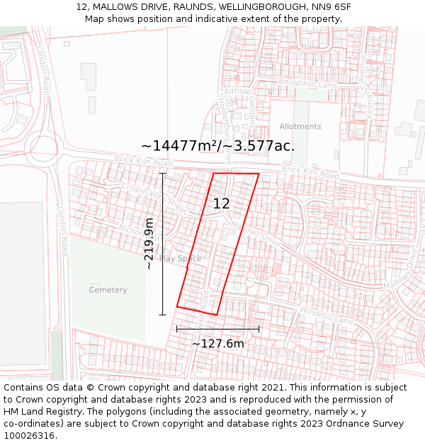 12, MALLOWS DRIVE, RAUNDS, WELLINGBOROUGH, NN9 6SF: Plot and title map