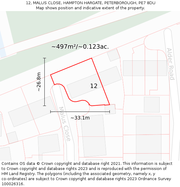 12, MALUS CLOSE, HAMPTON HARGATE, PETERBOROUGH, PE7 8DU: Plot and title map