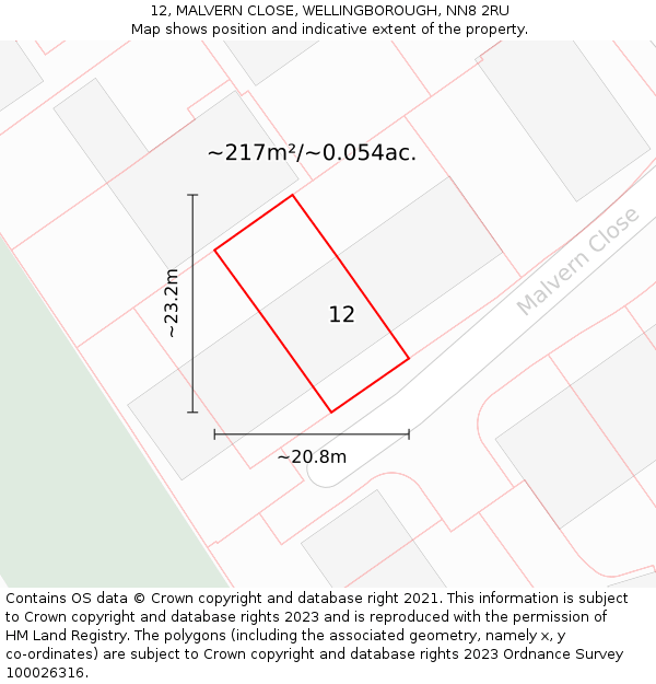 12, MALVERN CLOSE, WELLINGBOROUGH, NN8 2RU: Plot and title map