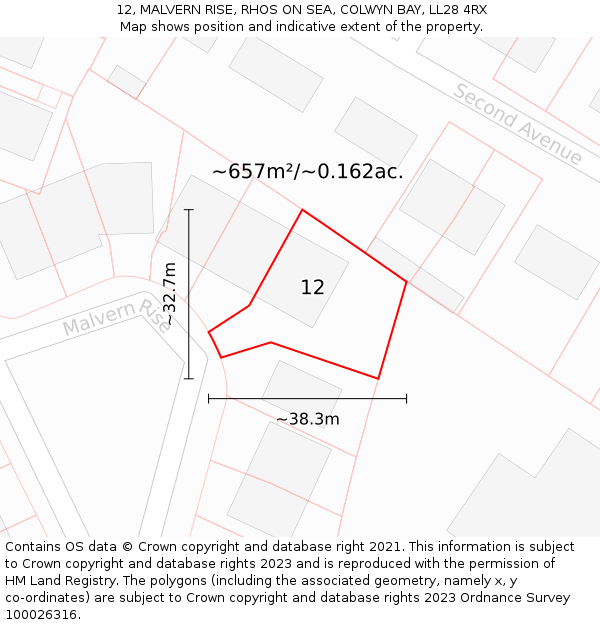 12, MALVERN RISE, RHOS ON SEA, COLWYN BAY, LL28 4RX: Plot and title map
