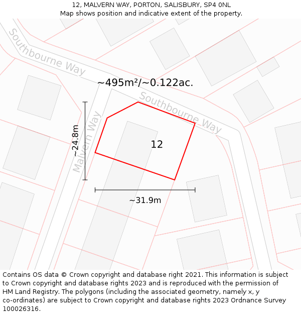 12, MALVERN WAY, PORTON, SALISBURY, SP4 0NL: Plot and title map
