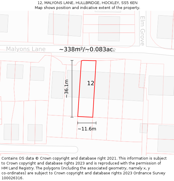 12, MALYONS LANE, HULLBRIDGE, HOCKLEY, SS5 6EN: Plot and title map