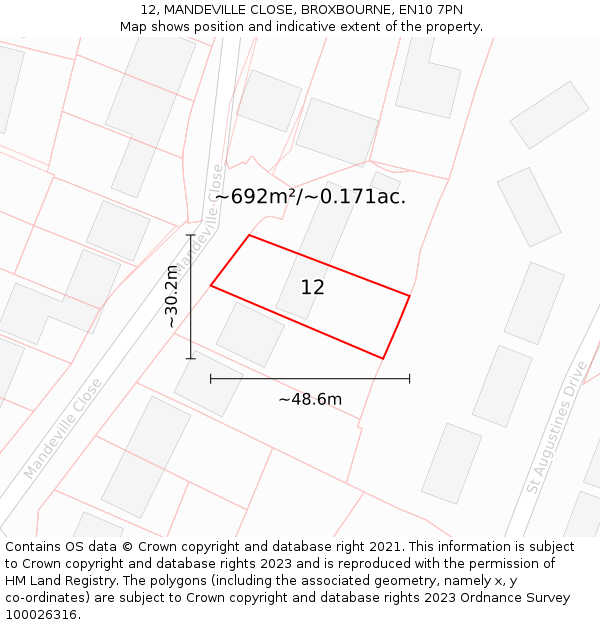 12, MANDEVILLE CLOSE, BROXBOURNE, EN10 7PN: Plot and title map