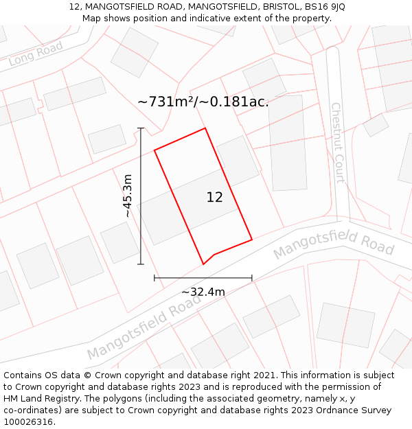 12, MANGOTSFIELD ROAD, MANGOTSFIELD, BRISTOL, BS16 9JQ: Plot and title map