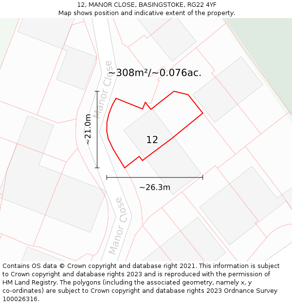 12, MANOR CLOSE, BASINGSTOKE, RG22 4YF: Plot and title map