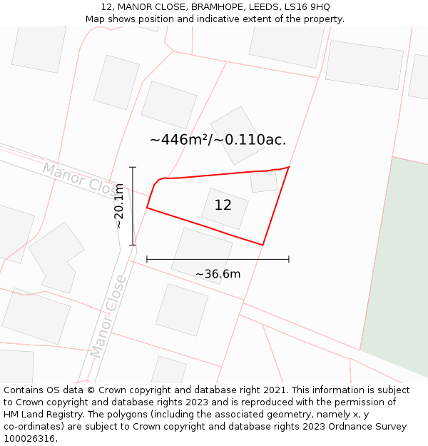 12, MANOR CLOSE, BRAMHOPE, LEEDS, LS16 9HQ: Plot and title map