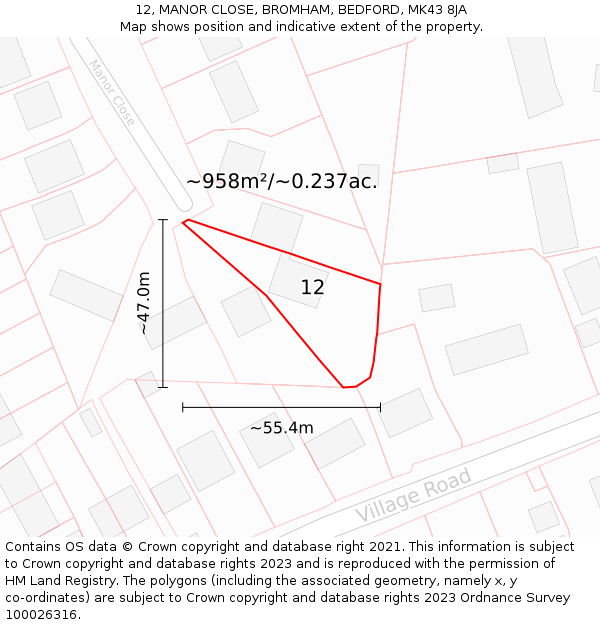 12, MANOR CLOSE, BROMHAM, BEDFORD, MK43 8JA: Plot and title map